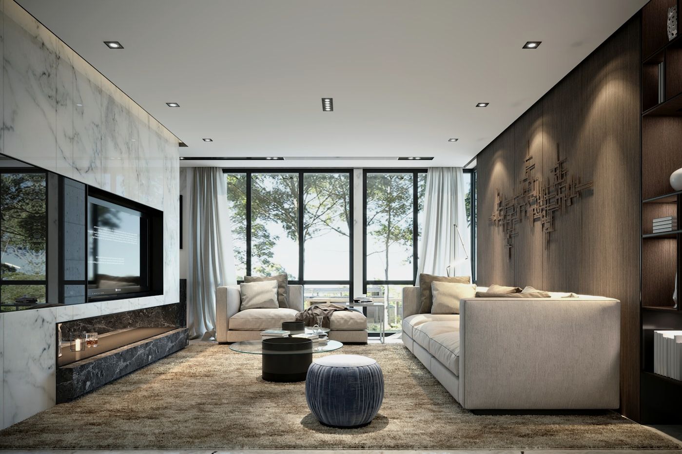 A large open living space with full-height glazing.