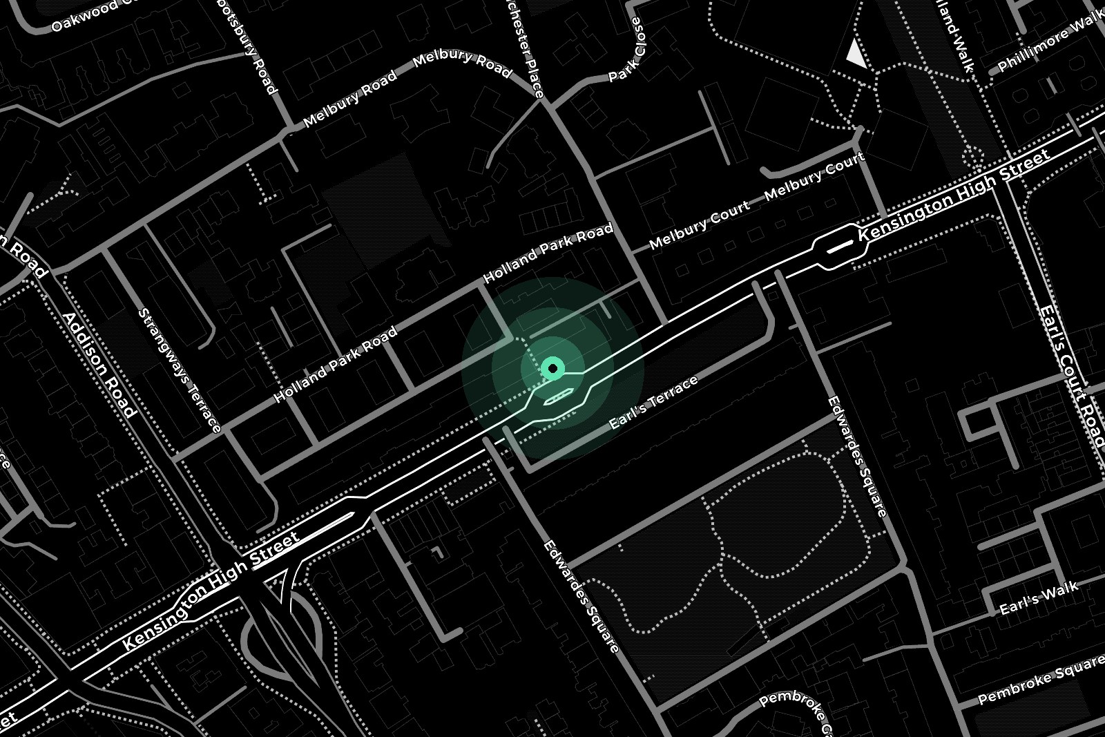 A map of Kensington High Street with the workshop marked, between Holland Park Road and Edwardes Square.